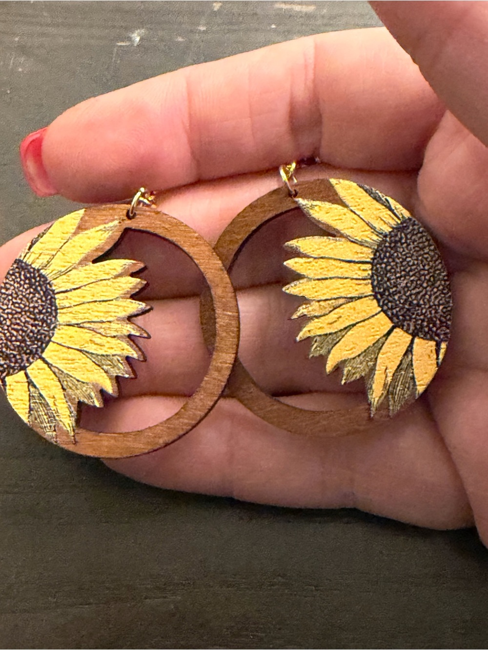 Sunflower Wooden Drop Earrings - Yellow - Picture 3 of 3